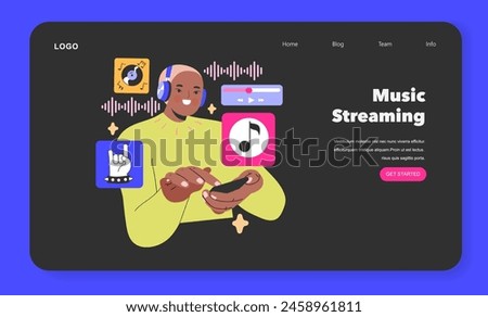 Music Streaming concept A joyful listener selects tunes from a digital library, embodying the ease of accessing diverse music genres at a touch Vector illustration