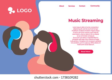 Music Streaming Couple Young Man And Woman Listening Music On Headphone 
Flat Vector Illustration Concept, Can Be Used For Landing Page, 
Ui, Web, App Intro Card, Editorial, Flyer, And Banner.