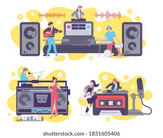Music streaming covers set with tiny musicians characters in front of music devices, flat vector illustration isolated on white background. Broadcasting and music stream.