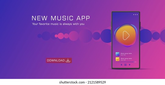 Diseño de aplicaciones móviles para streaming de música. Interfaz de usuario genérica y ficticia en una pantalla de smartphone, banner de promoción para la aplicación en color púrpura con botón de descarga