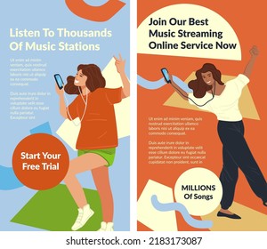 Music Streaming Online Service For Listening To Thousands Of Stations, Songs And Artists. Start Your Free Trial In Application. Promotional Banner, Advertisement Poster. Vector In Flat Style