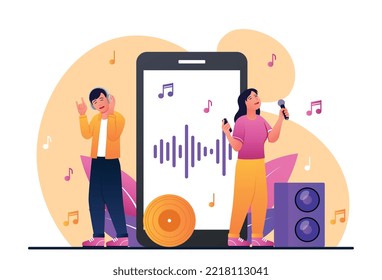 Music streaming service. Man in headphones and woman with microphone having fun next to smartphone. Modern technologies and digital world. Gagdets and devices. Cartoon flat vector illustration
