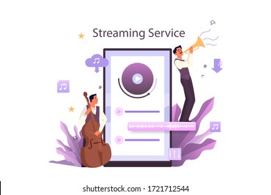 Music Streaming Service And Platform Concept. Modern Rock Pop Or Classical Performer, Musician Or Composer. Streaming Music Online From Differernt Device. Vector Flat Illustration