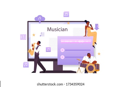 Music streaming service and platform concept. Modern rock pop or classical performer, musician or composer. Streaming music online from differernt device. Vector flat illustration