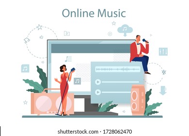 Music streaming service and platform. Streaming music online from different device. Performer singing with microphone. Vector flat illustration