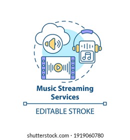 Konzeptsymbol für Musikstreaming-Dienste. Neue Medien Beispiel Idee dünne Linie Illustration. Hochladen der Musiksammlung in Cloud. Vektorgrafik einzeln Umriss RGB Farbzeichnung. Bearbeitbarer Hub