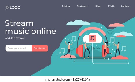 Music streaming tiny person vector illustration landing page template design. Online broadcast service system for song listening without download. Online media playback using wireless cloud content.