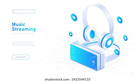 Music streaming white poster. Headphones with musical playlist. Wireless connection to smartphone or player. Online service with songs. Landing webpage design. Neon isometric vector illustration