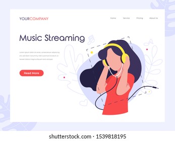 Music Streaming woman listening music on headphone flat vector illustration concept, can be used for landing page, ui, web, app intro card, editorial, flyer, and banner.