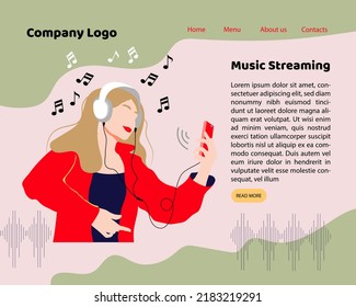 Music Streaming Woman Listening Music On Headphone Flat Vector Illustration Concept, Can Be Used For Landing Page, Ui, Web, App Intro Card, Editorial, Flyer, And Banner.