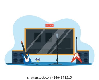 Music studio with bass, mic and speakers and monitoring room, band practice space. Character design. Vector flat illustration