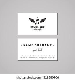 Music studio business card design concept. Logo with musical note and wings. Vintage, hipster and retro style. Black and white.