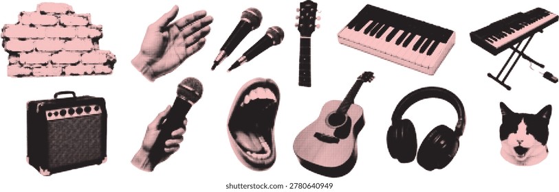 Music studio collage cut outs set. Audio stickers with amplifier, microphone, acoustic guitar and electronic keyboard. Modern retro grunge mixed media vector illustration with doodles