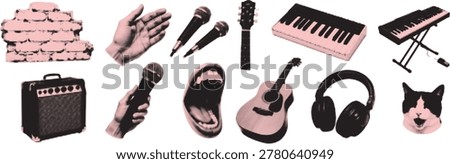 Music studio collage cut outs set. Audio stickers with amplifier, microphone, acoustic guitar and electronic keyboard. Modern retro grunge mixed media vector illustration with doodles