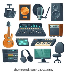 Music studio equipment isolated on white background. Vector cartoon set of sound recording tools, guitar and synthesizer, audio mixer, amplifier and microphone. Professional music workstation