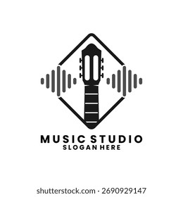 Estúdio de música com guitarra e modelo de vetor de design de logotipo equalizador