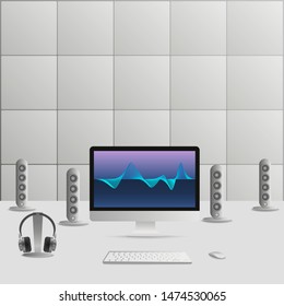 Music studio at home or in the office. Workplace concept, cozy room for freelance job. Vector illustration