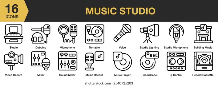 Music Studio icon set. Includes building music, dj control, dubbing, microphone, mixer, studio, and More. Outline icons vector collection.