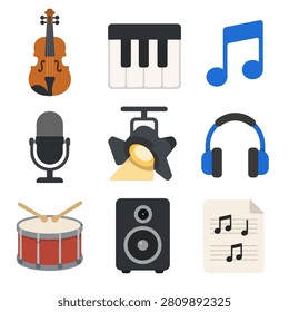 Music studio icon set with violin keyboard microphone spotlight headphones drum speaker and music sheet for recording app website poster and audio design