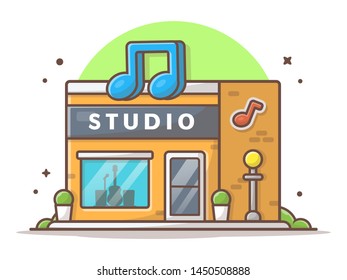 Music Studio Icon Vector Illustration. Modern Recording Industry Studio Building Architecture. Flat Cartoon Style Suitable for Web Landing Page,  Banner, Flyer, Sticker, Wallpaper, Card, Background