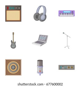 Music studio icons set. Cartoon set of 9 music studio vector icons for web isolated on white background