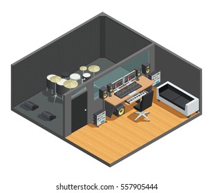 Music Studio Isometric Interior Composition With Drum Kit Sound Box And Control Room With Mixing Console Vector Illustration 