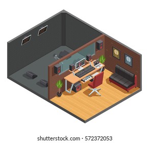 Music Studio Isometric Interior Composition With Vocal Recording Soundproofed Cabin Joint With Mixing Room With Furniture Vector Illustration