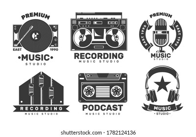 Music studio labels. Invitation retro logos. Disk, microphone, headphone, player. 