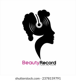 Music studio logo design with illustration of a woman listening to a song.