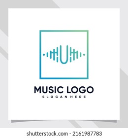 Music studio logo design initial letter u with line art and square concept