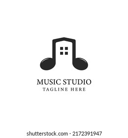 Music studio logo design vector template with note icon and house