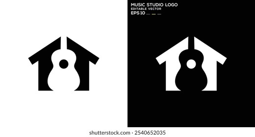 Music studio logo, guitar and house design in simple style. Symbol icon template EPS 10