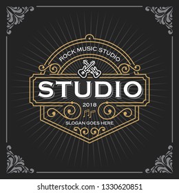 Music Studio Logo. Vintage Luxury Banner Template Design For Label, Frame, Product Tags. Retro Emblem Design. Vector Illustration