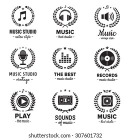 Music studio logos with wreaths vintage vector set. Hipster and retro style. Perfect for your business design.