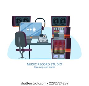 Estudio de música. gadgets musicales y informáticos para el estudio de grabación profesional. ilustraciones vectoriales de auriculares de audio