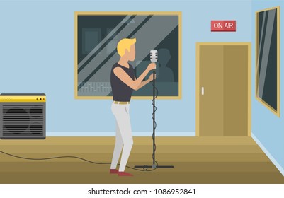Music studio musical instruments producer record volume interior background vector illustration.