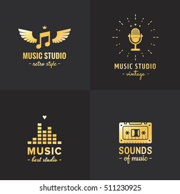 Music studio and radio gold logo vintage vector set. Hipster and retro style. Part one.