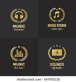 Music studio and radio gold logo vintage vector set. Hipster and retro style. Part four.