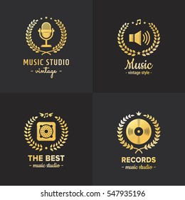 Music Studio And Radio Gold Logo Vintage Vector Set. Hipster And Retro Style. Part Four.