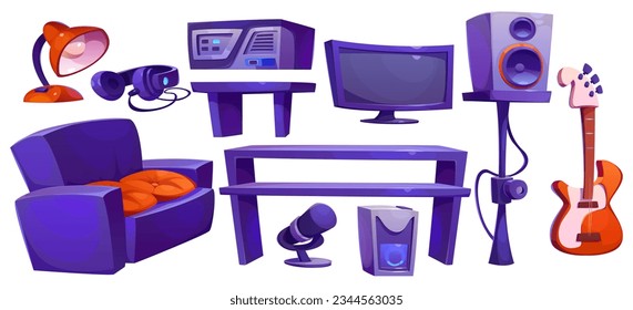 Music studio record furniture vector cartoon set. Empty radio production booth with producer equipment for audio recording. singer microphone, amp sound technology and guitar for live broadcast