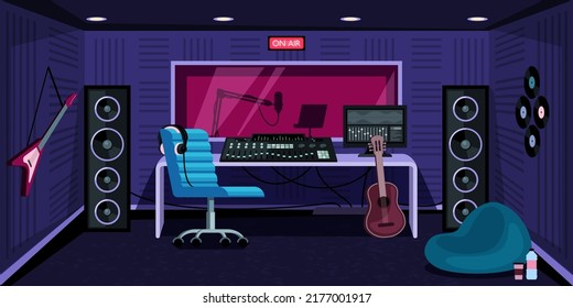 music studio. record sound room with speakers amplifier and guitar for songs live recording. Vector cartoon background