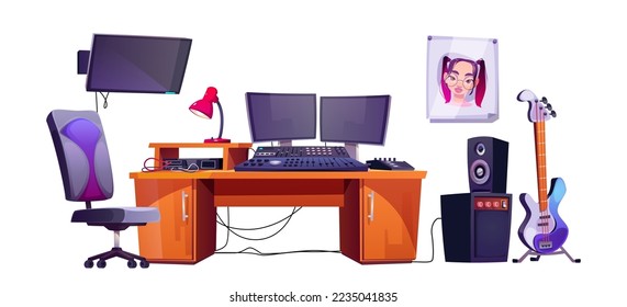 Music studio room equipment set. Record producer or audio engineer workplace, control room interior with armchair near mixing console, loudspeakers, amp and digital display cartoon vector illustration