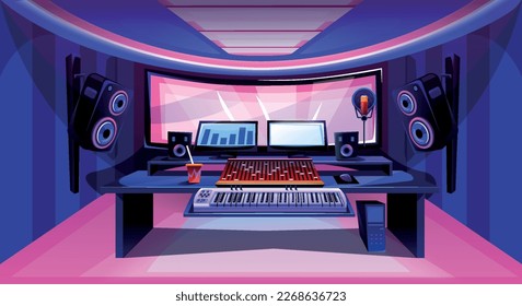 Sala de estudio de música. Espacio de trabajo musical profesional con instrumentos, equipo de grabación de canciones y cabina vocal detrás de vidrio aislante. Auriculares, mezclador de audio y piano. Dibujo vectorial plano de dibujos animados