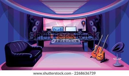 Music studio room. Recording workspace interior with synthesizer, electric and acoustic guitar, audio mixer, mic and comfortable furniture. Professional equipment. Cartoon flat vector illustration