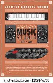 Music studio or shop of musical instruments and Hi-Fi high quality sound equipment. Vector vintage inyl records, synthesizer piano and loudspeaker with music notes