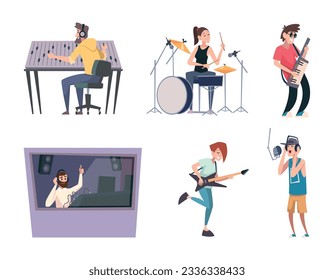 Music studio. Sound production singers at workplace exact vector cartoon characters