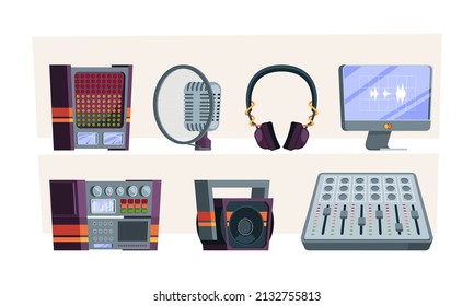 Music studio. Speaker audio mixer acoustic recorder sound engineering microphone and amplifier garish vector music tools