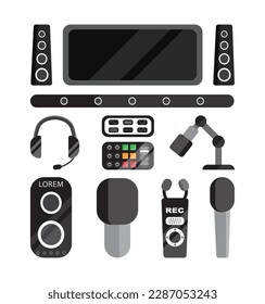 music studio tools. sound equipment for recording studio microphones speakers headsets. Vector flat icon set