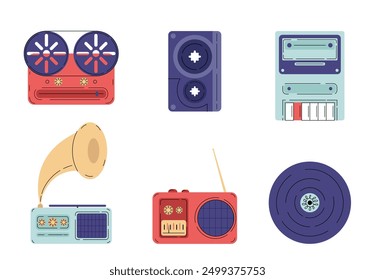 Music stuff set. Gramophone, radio, cassette player and vinyl disc. Electronic audio equipment for listening to music and songs. Flat vector collection isolated on white background