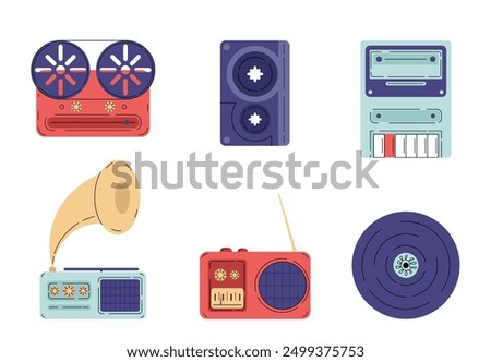 Music stuff set. Gramophone, radio, cassette player and vinyl disc. Electronic audio equipment for listening to music and songs. Flat vector collection isolated on white background